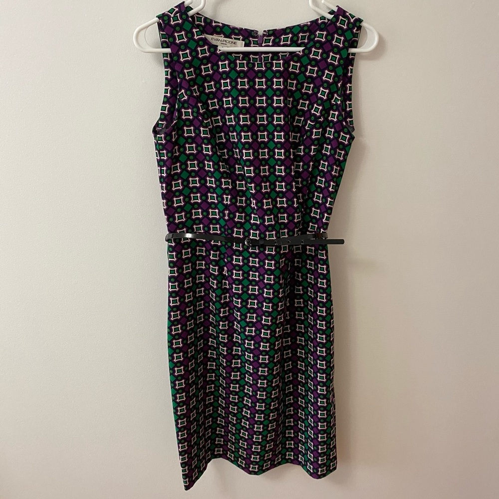EVAN-PICONE PURPLE & GREEN BELTED BODYCON DRESS